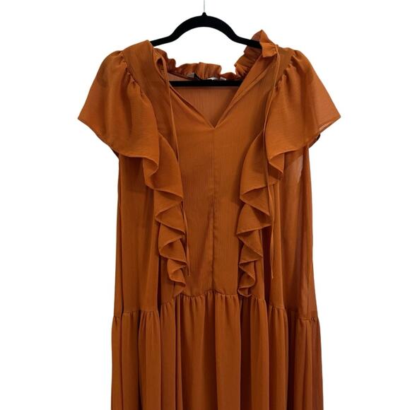 & Other Stories Oversized Frill Ruffle Rust Orange Midi Dress - Picture 6 of 7